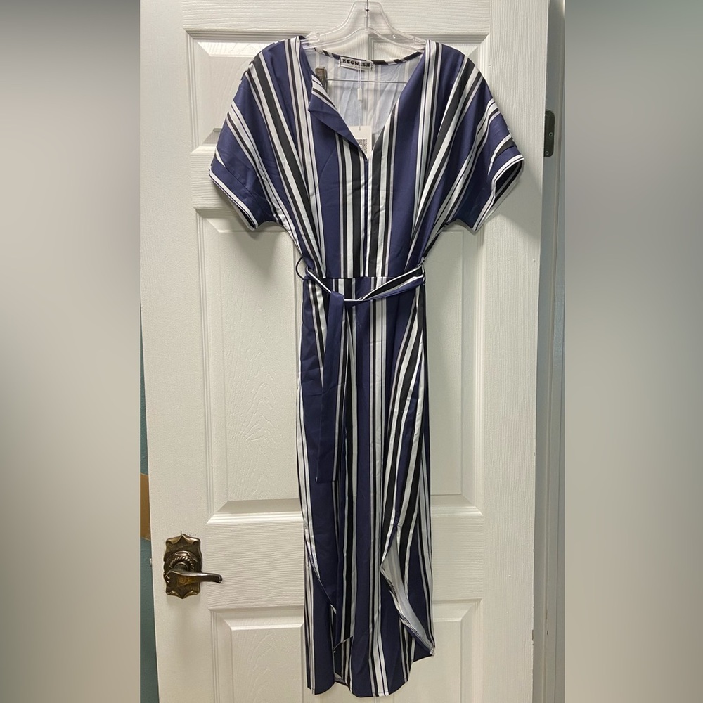 Dark navy blue dress with black and white vertical stripes. New with tags.